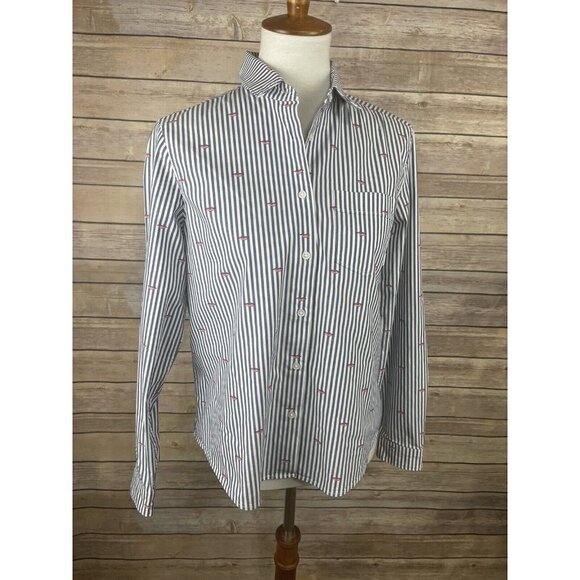 Banana Republic Small Quinn Boy Fit Button Up Striped Lip Print Blouse Blue Pink - Picture 1 of 11